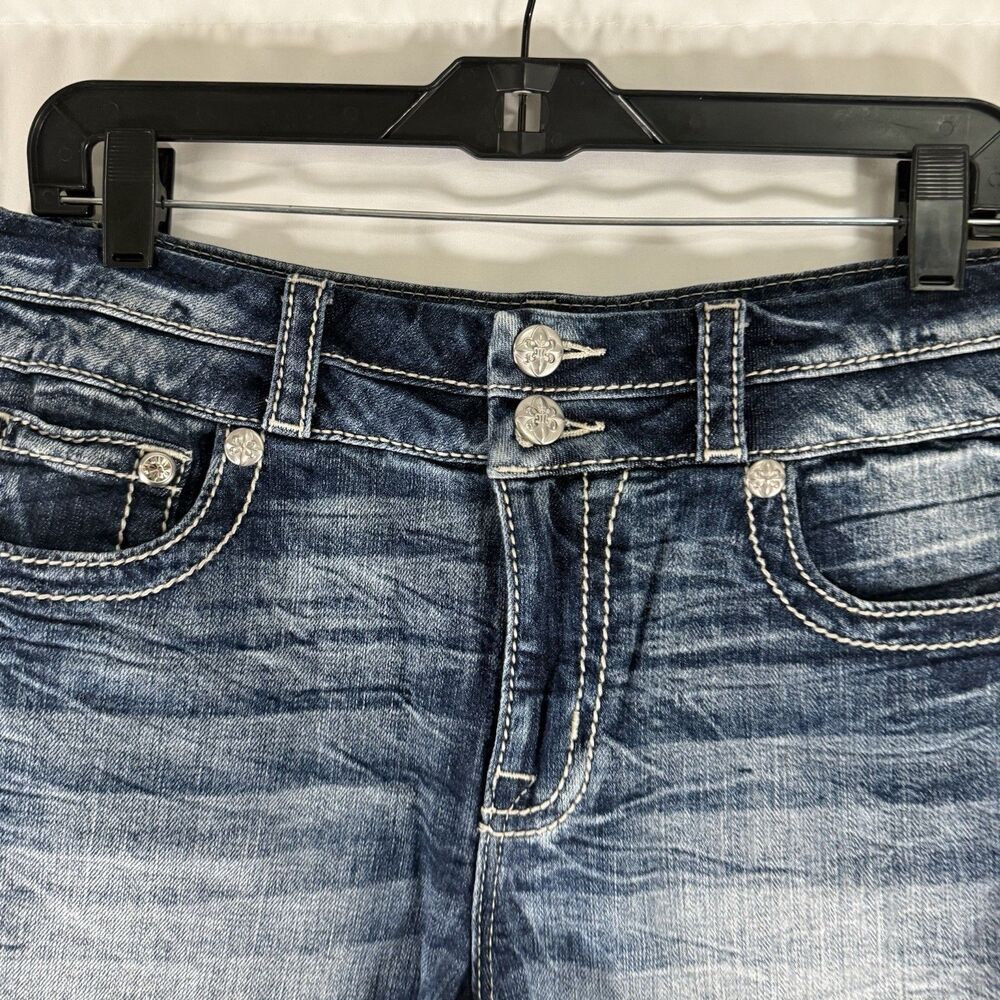 Miss Me Jean Curvy Shorts Women's 30 Dark Wash Cut Off Whiskered 4.5" Inseam - Picture 2 of 10